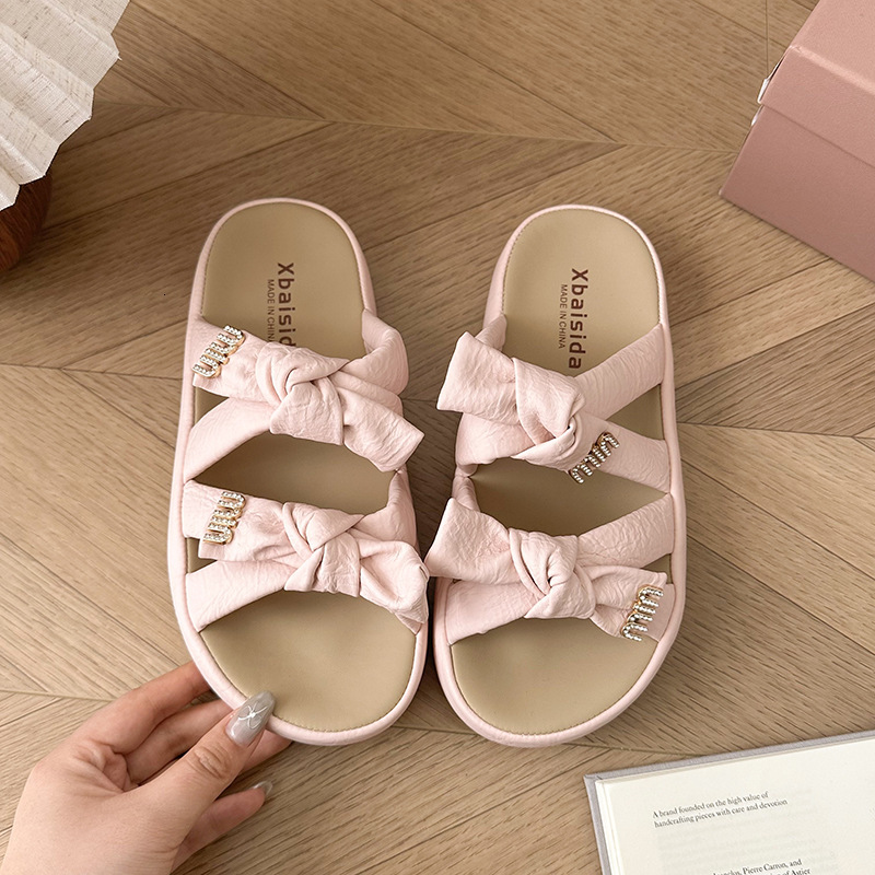 Ddmysports Summer New Bowknot Thick Sole Slippers Outdoor Open Toe One Strap Fashion Silver Mid Heel Sandals Outdoor Shoes