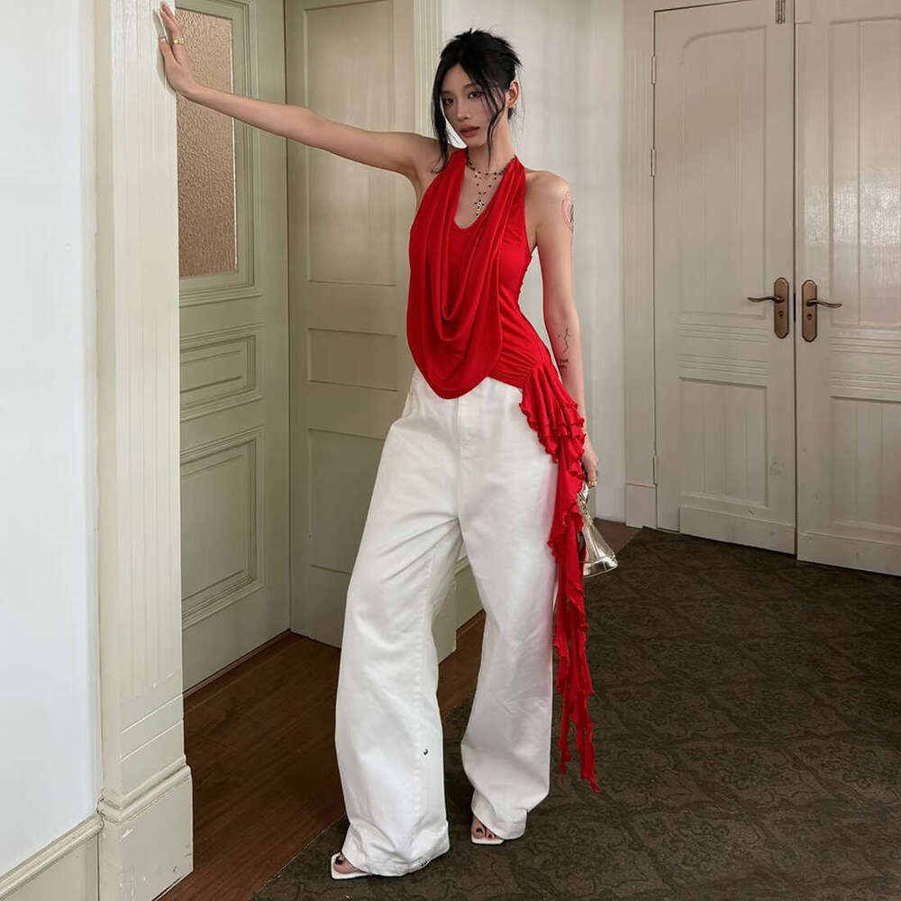 2025 Summer New Fashion Trend Solid Color Halter Neck Slim Fit Irregular Ribbon Versatile Women's Top e02