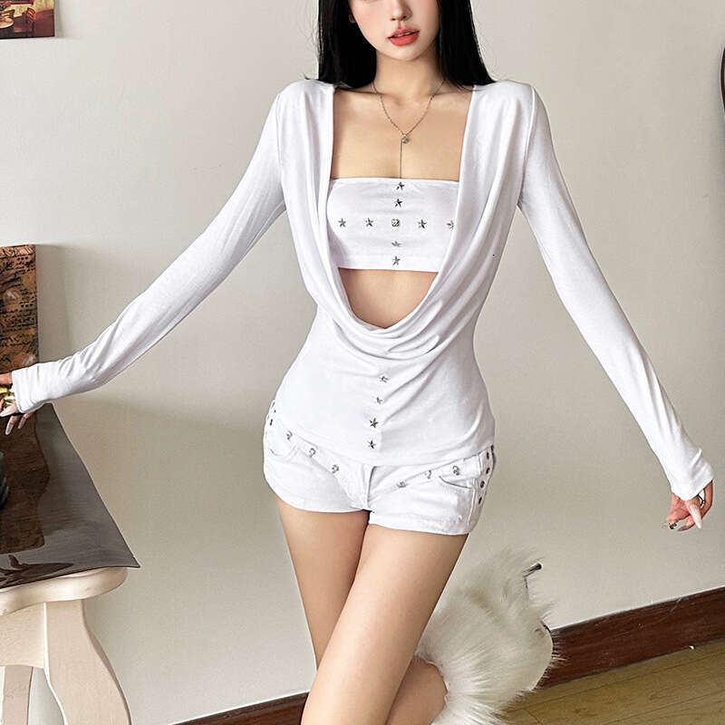 2024 Autumn New Women's Solid Color Tube Top Vest Fashion Long Sleeve Blouse Two-Piece Set 67c
