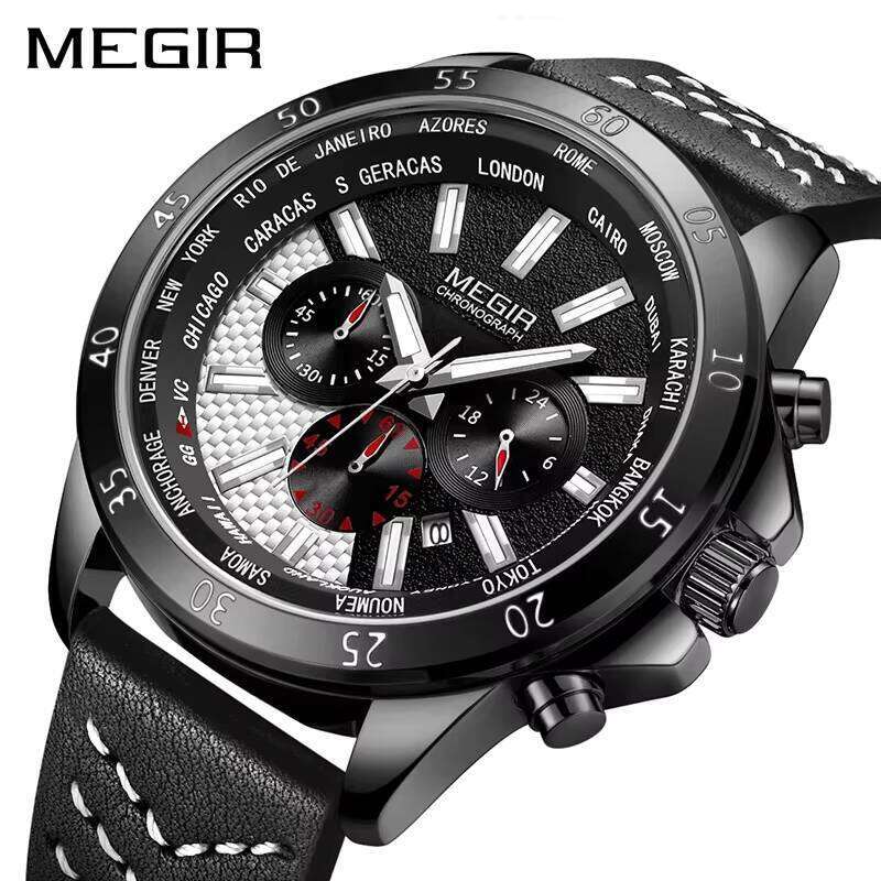 MEGIR Men's Oversized Chronograph Watch - 48mm Genuine Leather, Waterproof, Luminous - Bulk Wholesale Watch
