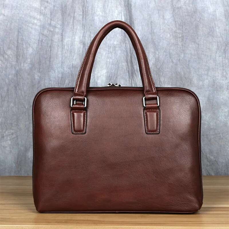 Vintage Men's Briefcase Top Layer Cowhide Casual Handbag Leather Business Shoulder Messenger Brown 14 Inch Laptop Bag NZPJ