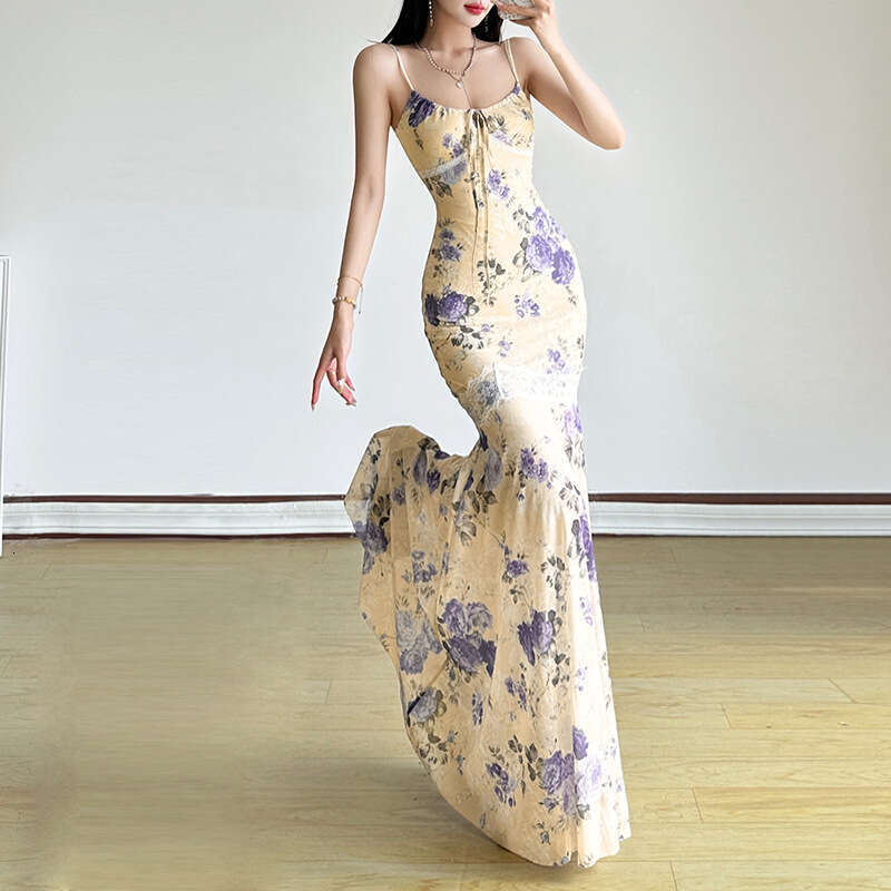 2025 Spring New Fashion Sexy French Style Double-Sided Lace Waist-Cinching Strap Long Dress for Women bfb