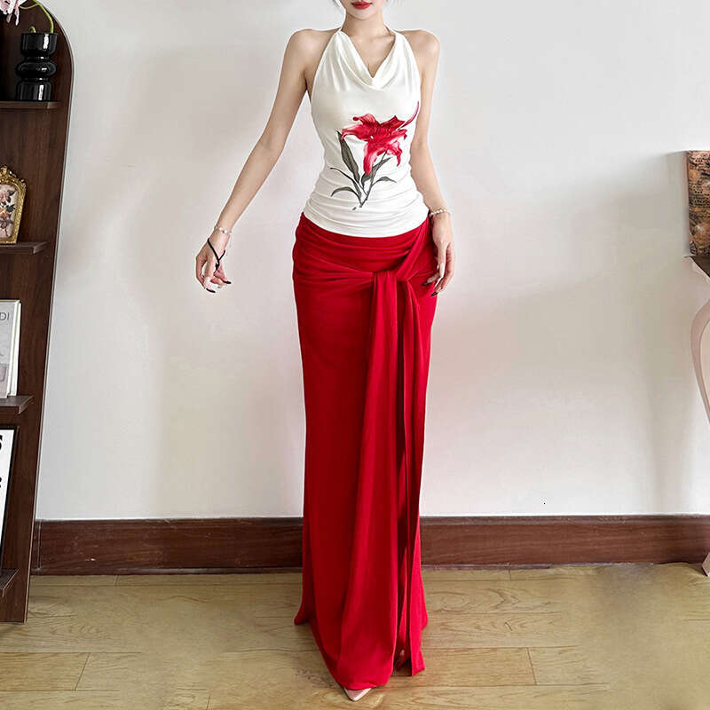 2025 Summer New Halter Neck Backless Sleeveless Slim Top High Waist Ribbon Skirt Set for Women dfb