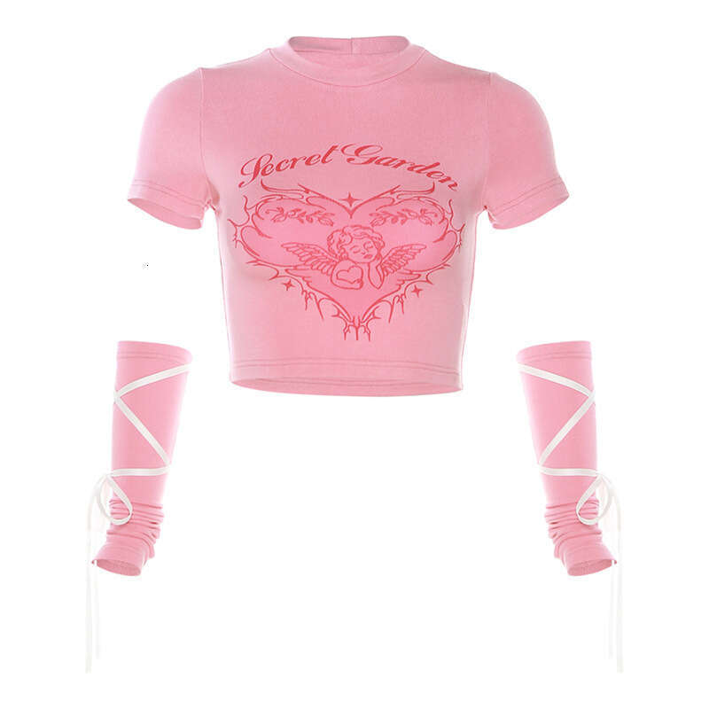 2023 Spring New Women's Solid Color Slim Fit Crop Top Fashion Round Neck Printed Short Sleeve T-Shirt for Women 74d