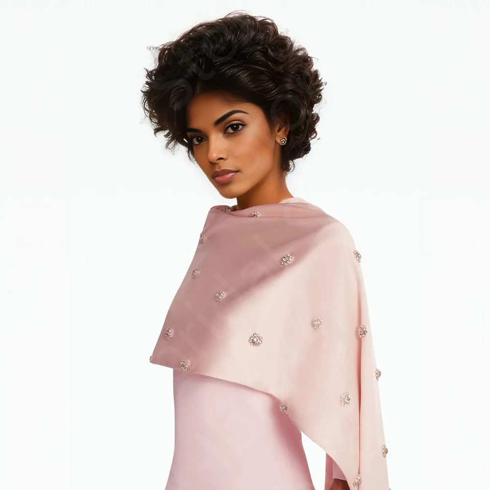 Pale Pink Evening Dresses with Cape Arabic Prom Gowns 3/4 Sleeves Long Dress Middle East Crystal Beaded