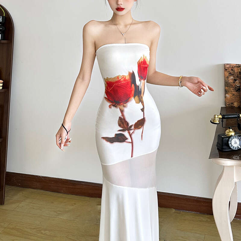2025 Spring New Women's Solid Color Slim Fit Fashion Off-Shoulder Sleeveless Printed Dress 469