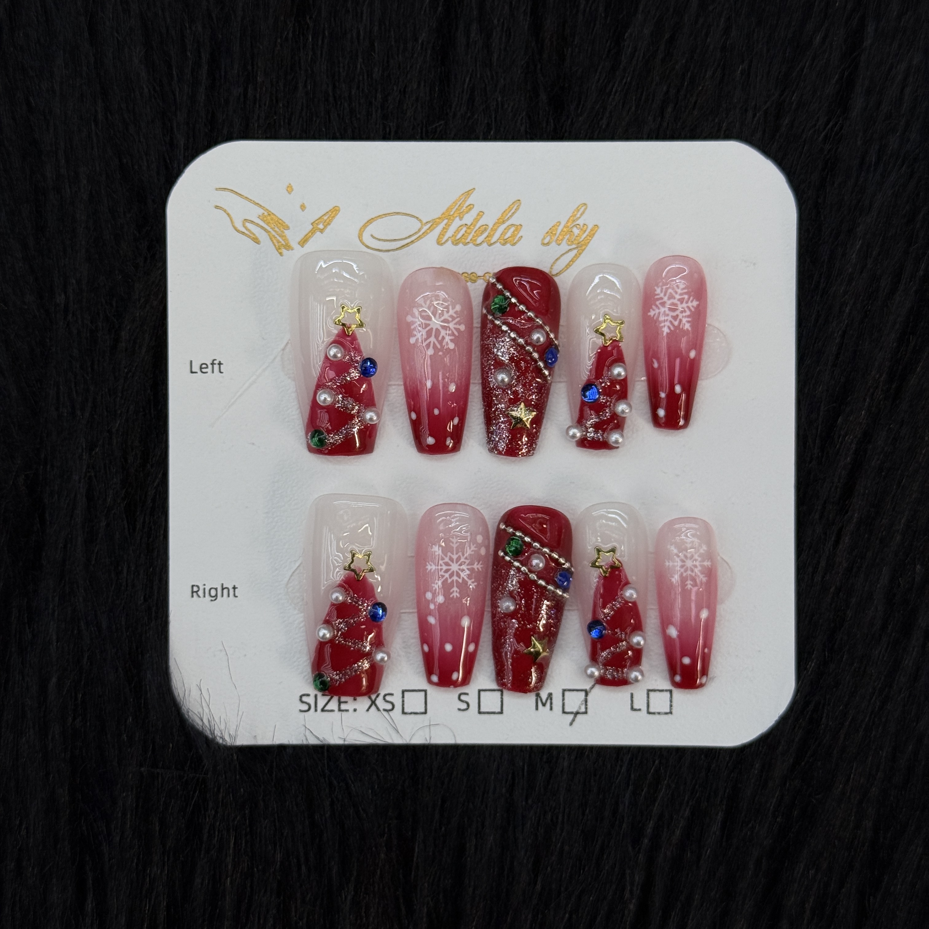 Christmas-themed Gradient Red Rhinestone-accented Press - on Nails