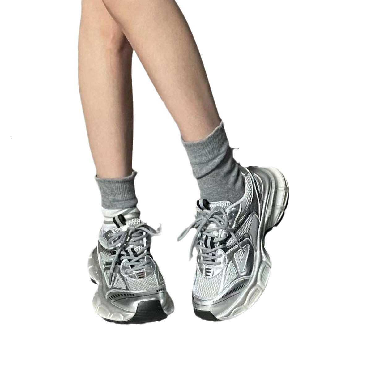 Zhao Lusi Same Style Dad Shoes for Women, Trendy Silver Sneakers, Thick Sole, Lightweight Spring Summer Women's Shoes, Large Quantity +V ddmythur