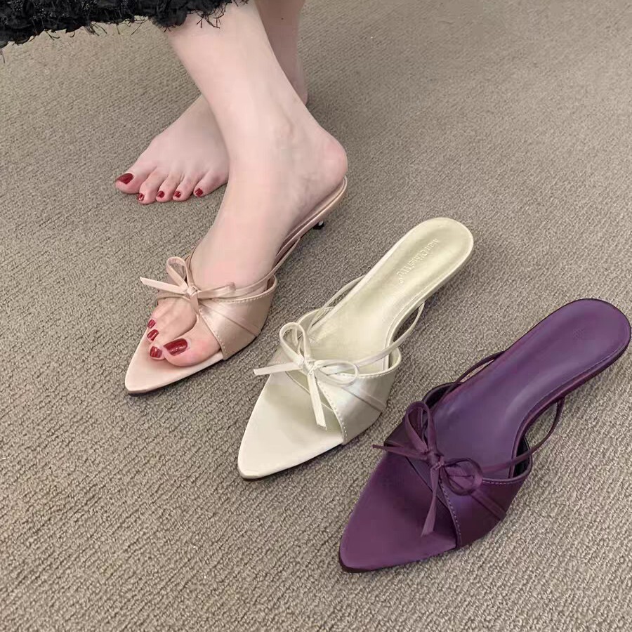 Ddmysports Summer New Satin Pointed Peep High Heels Stiletto Sexy Open Toe Sandals Half Slippers Outdoor Shoes