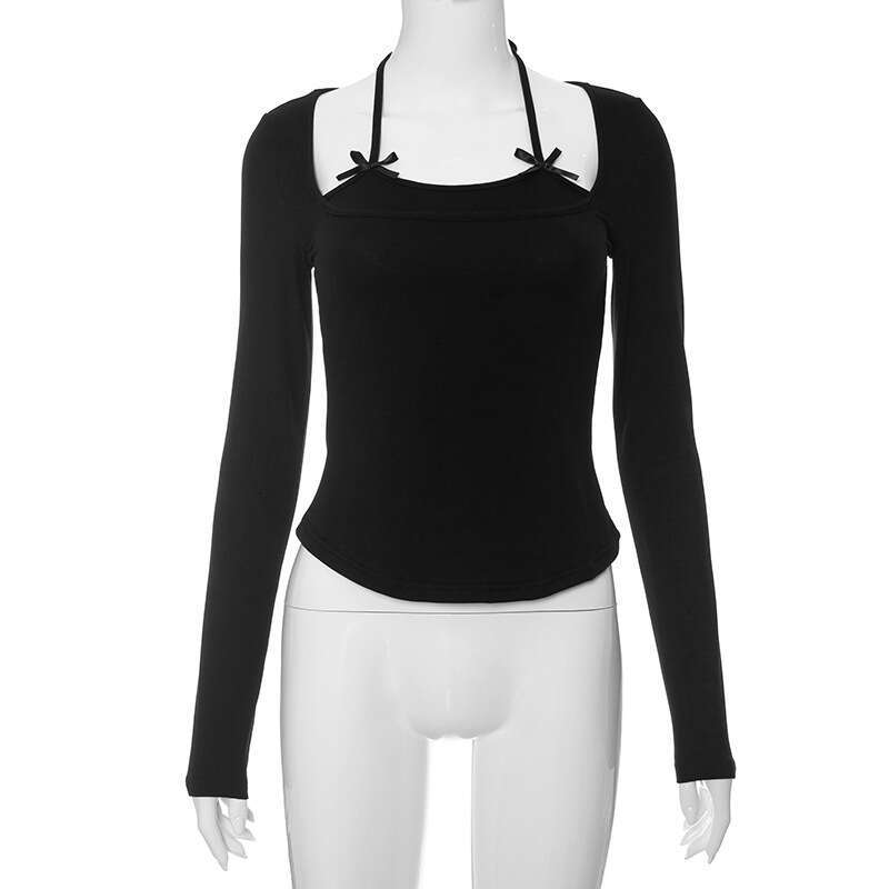 Y23tp571 Women's Fashion Autumn Ins New Solid Color Halter Neck Tie Long Sleeve Bow Top T-Shirt For Women B5