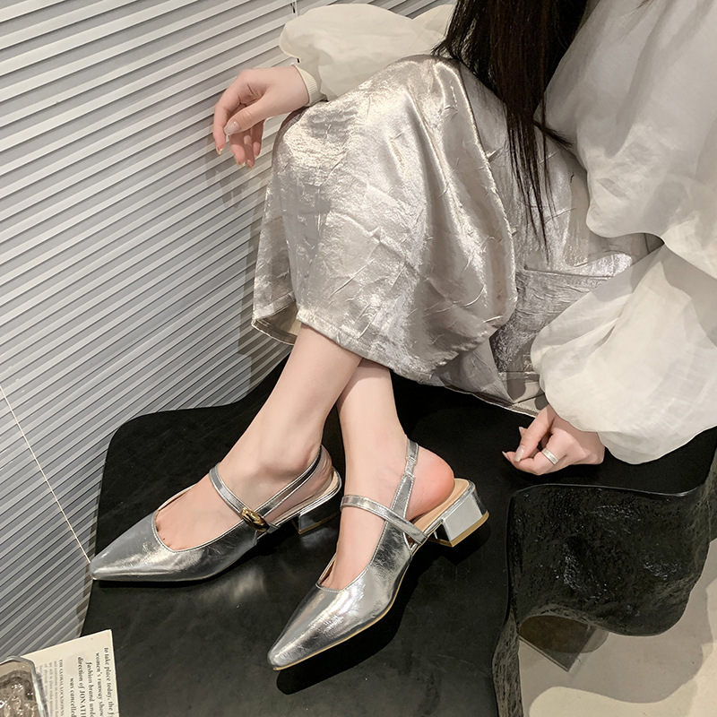 Ddmysports French Style Closed Toe For Women New Summer Square Mid High Heel Silver Mary Jane Sandals Outdoor Shoes