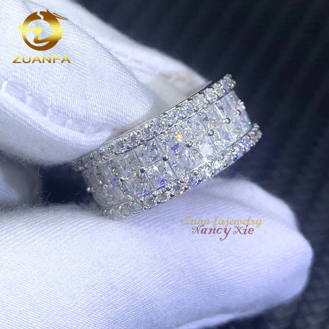 Fashion Jewelry Hip Hop Mens Cuban Gold Ring Iced Out 925 Sterling Silver 2 Rows VVS Princess Cut Moissanite Diamond Ring