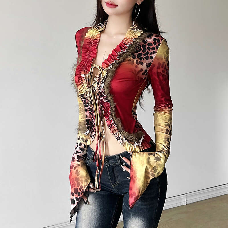 2024 Autumn New Women's Street Fashion Sexy Long Sleeve V-Neck Cardigan T-Shirt 9a0