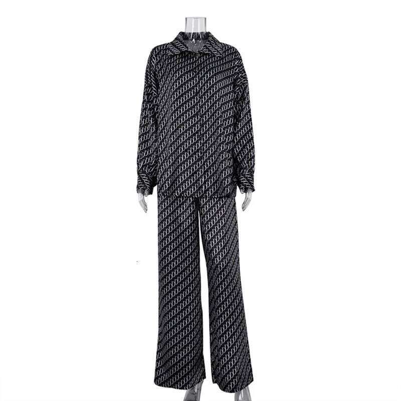Designer Leisure High Quality Fashion Casual Satin Printing Two Piece Set Spring Women Long Sleeved Loose Shirt+High Waist Wide Leg Pants Street Summe
