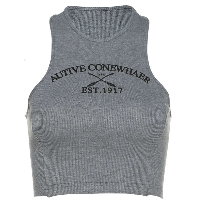 2022 Summer New Women's Solid Color Slim Fit Crop Top Fashion Round Neck Printed Sleeveless Vest for Women 48a