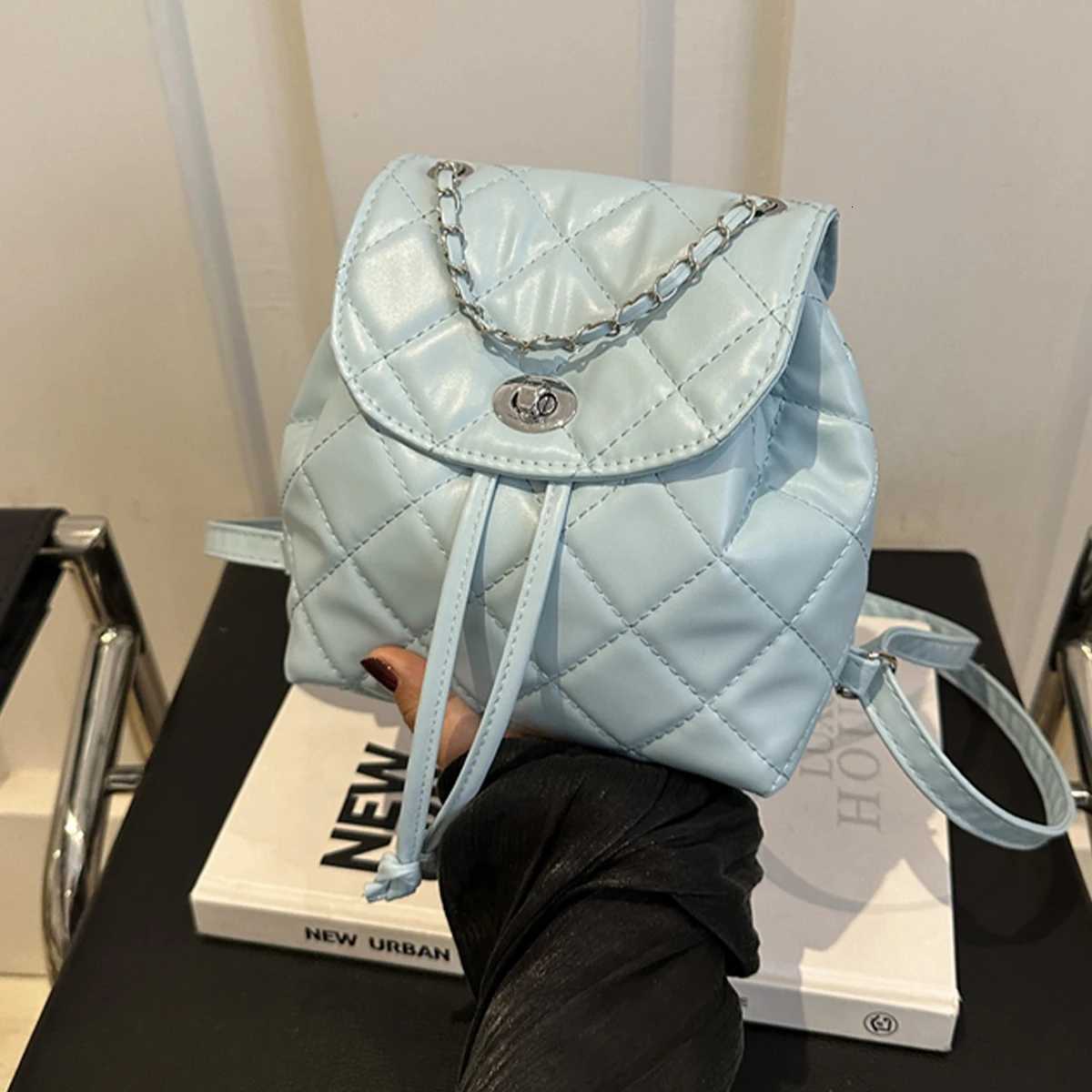 Womens Fashion Backpack Solid Color Quilted Rhombus Chain Accents Lightweight PU Large Capacity Quick-Snap Adjustable Straps Y250725