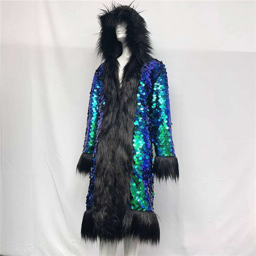 New Fashion Cute Women Colorful Faux Fox Fur Rainbow Sequined Hood Nightclub Long Coat Jacket Stage Party Costumes