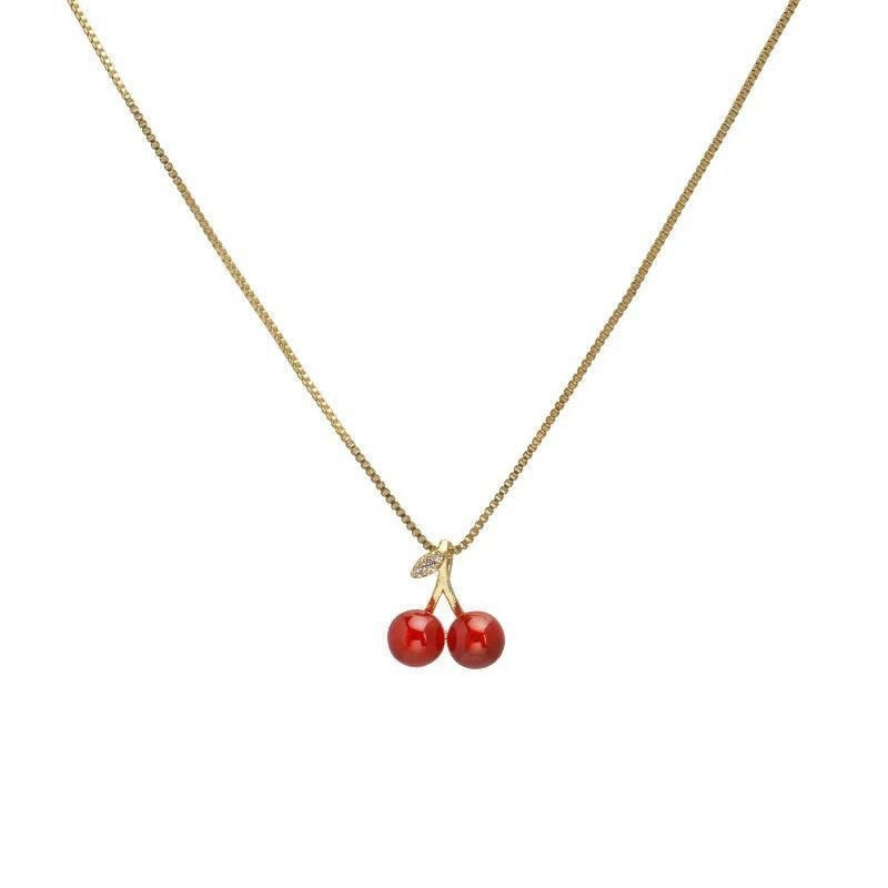 Elegant Red Cherry Pendant Necklace for Women, Summer Fresh Simple Exquisite Light Collarbone Chain Versatile Trendy Jewelry for Women
