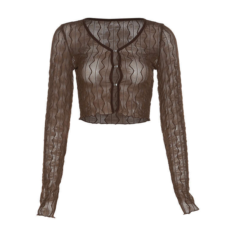 2022 Autumn New Women's Solid Color Sexy Mesh Cardigan Long Sleeve Crop Top T-Shirt for Women a11