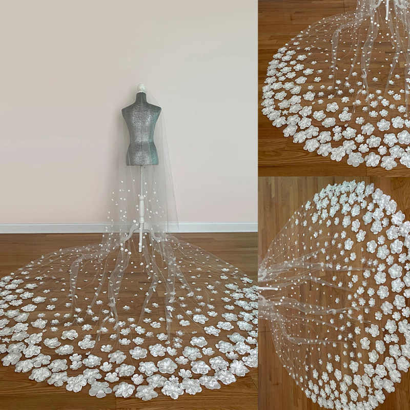 Handsome Flowers Wedding Veil 3D Appliques One Layer Long Cathedral Length Bride Veils For Bride Customized Bridal Accessorious