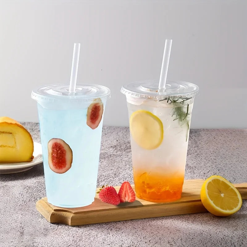 50pcs/Set 12/16OZ Plastic Cups With Lids Disposable Cups For Iced Coffee Smoothie Milkshake Cold Drinks Birthday Party Supplies 250725