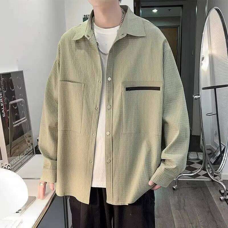 Hong Kong Style Work Shirt Men Long Sleeve Casual Trendy Overshirt