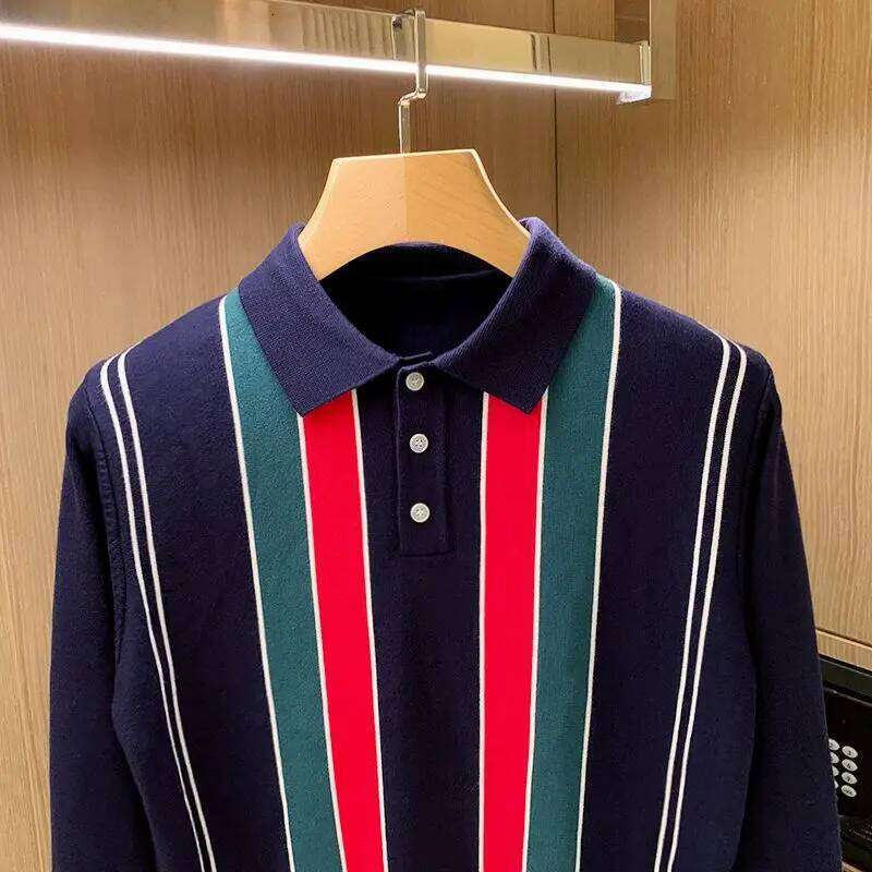 French Men Knitted Polo Shirts Long Sleeve Striped Turn-Down Collar T-Shirts Tops Slim Design
