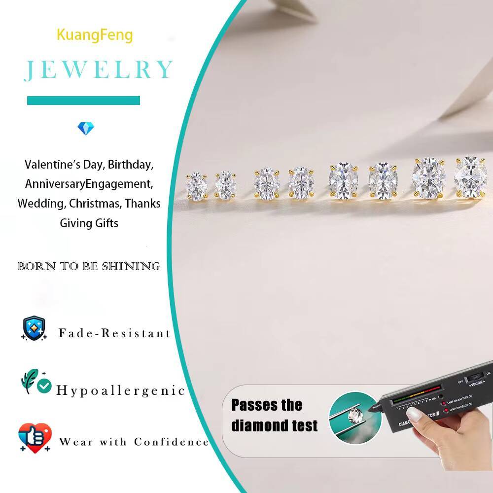 1 1.5 2 3 Carat Moissanite Earrings Oval Cut 925 Sterling Silver 18K Gold Plated Four Prong Design Ladies Stud Earrings