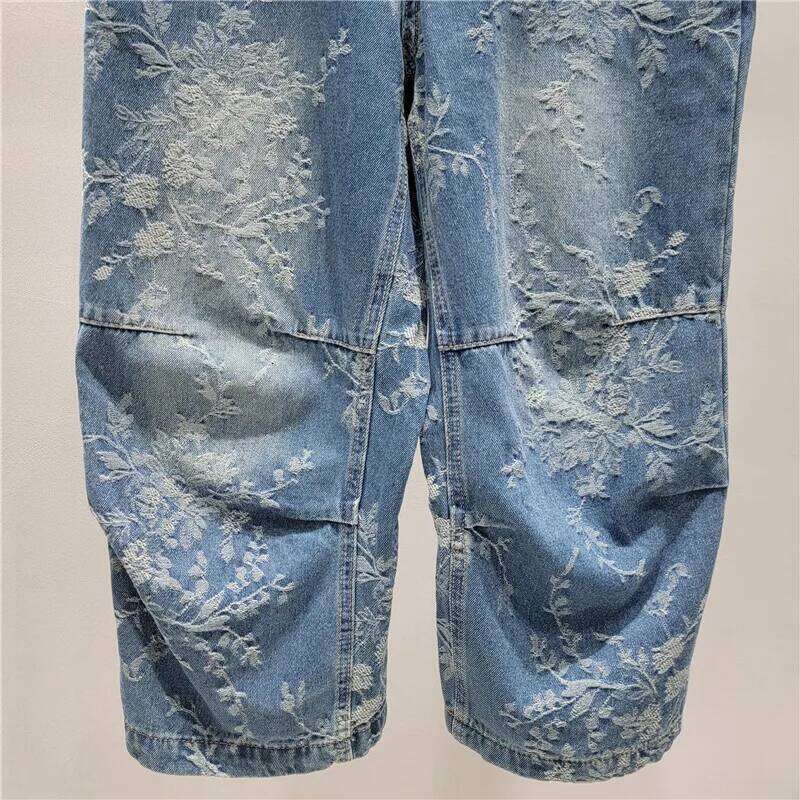 Women Short Jeans Jacquard Thin Style High Waist Straight Wide Leg Denim Calf-Length Pants 2025 New Fashion Summer 29A1826