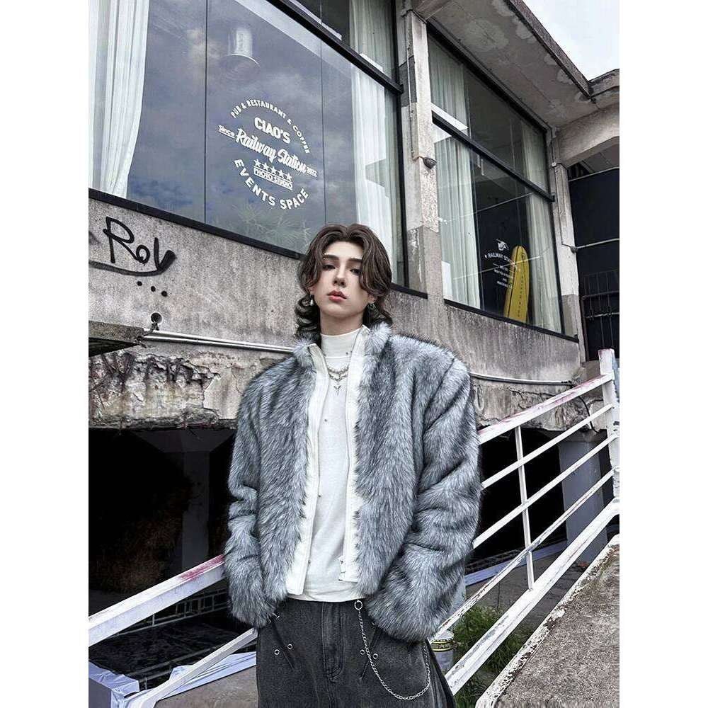 Trendy Male Imitation Mink Jackets Men's 2024 Autumn Winter New Loose Grey Coat Long Sleeve Zipper Faux Fur Coats