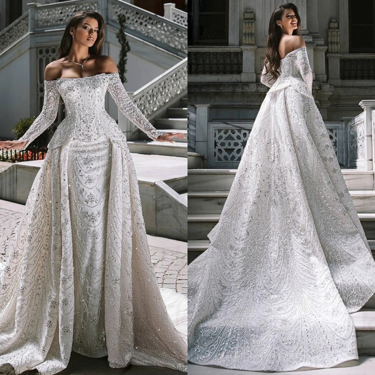Elegant Wedding Dresses Off Shoulder Beading Bridal Gowns with Overskirt Sequins Rhinestone Mermaid Backless Customized Vestidos De Novia Plus Size