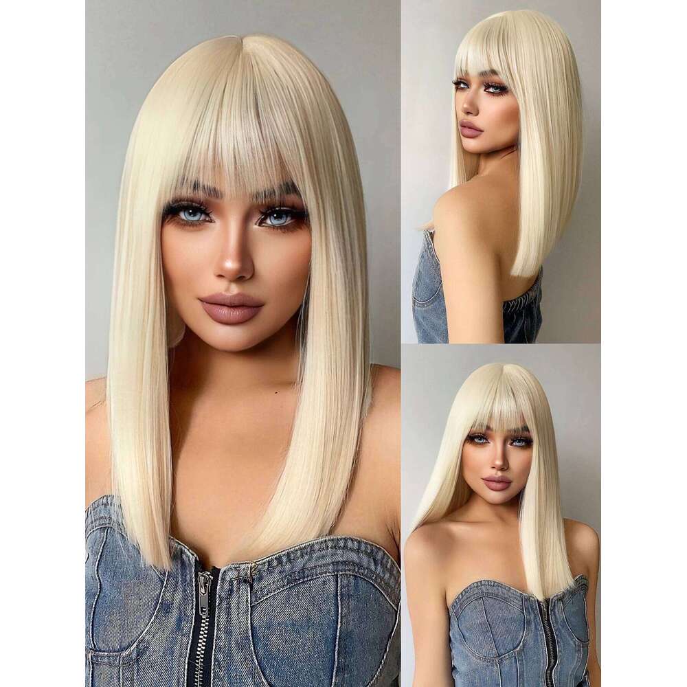 Platinum Blonde Synthetic Wigs With Bang Long Natural Straight Human Hair Wig For Women Daily Use Cosplay Party Heat Resistant
