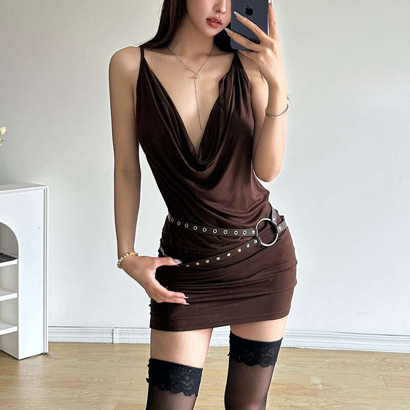 2024 Women's Summer New Solid Color Sexy Sleeveless V-neck High Waist Bodycon Dress 73b
