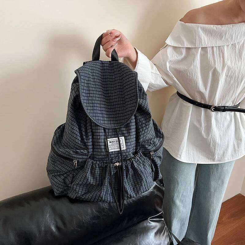 Plaid Nylon Canvas Women's 2025 New Trendy Fashion Korean Style Backpack Casual Large Capacity Computer Bag