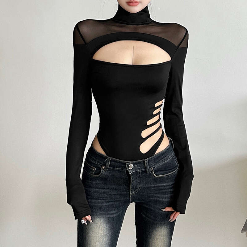 2024 Autumn Winter New Women's Solid Color Slim Street Fashion Round Neck Long Sleeve Hollow Out Jumpsuit cf8