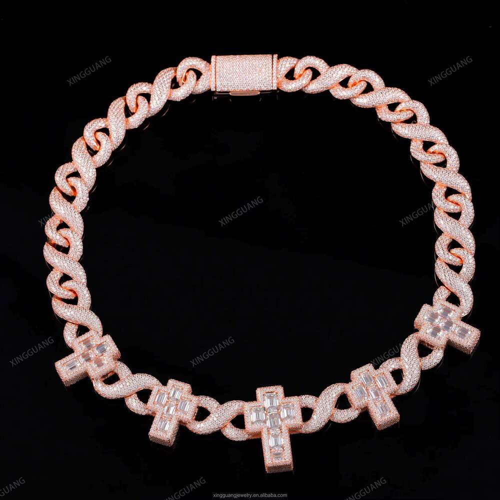 XingGuang Rapper Jewelry Iced Out Cross Design Moissanite Necklace Hip Hop Bracelet Sier Cuban Link Chain