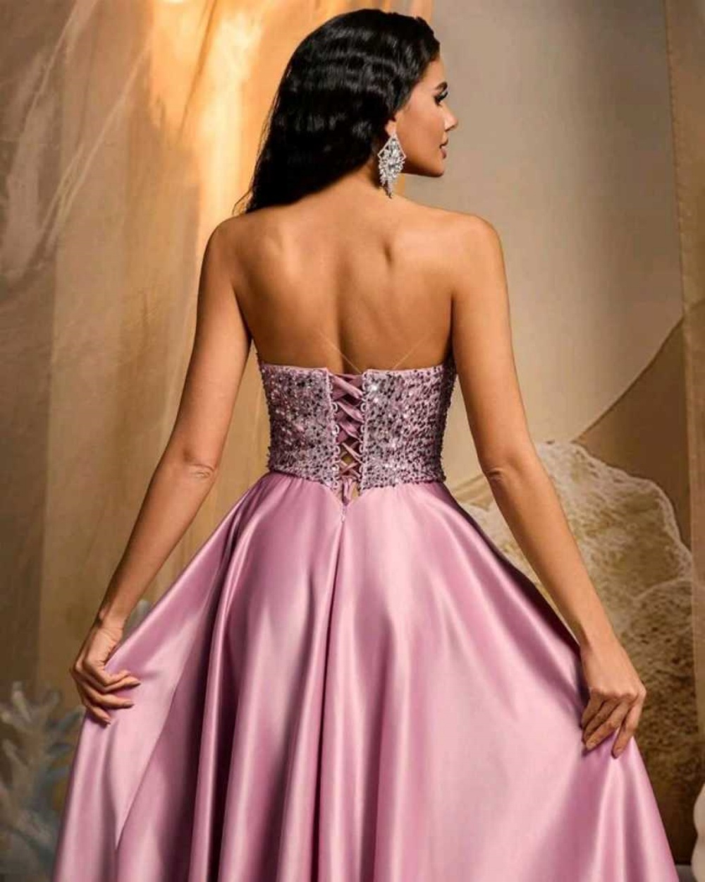 Luxury Satin Evening Dress Strapless Sleeveless Delicate Flowers Crystal Prom Dresses Special Occasion Gowns Customized