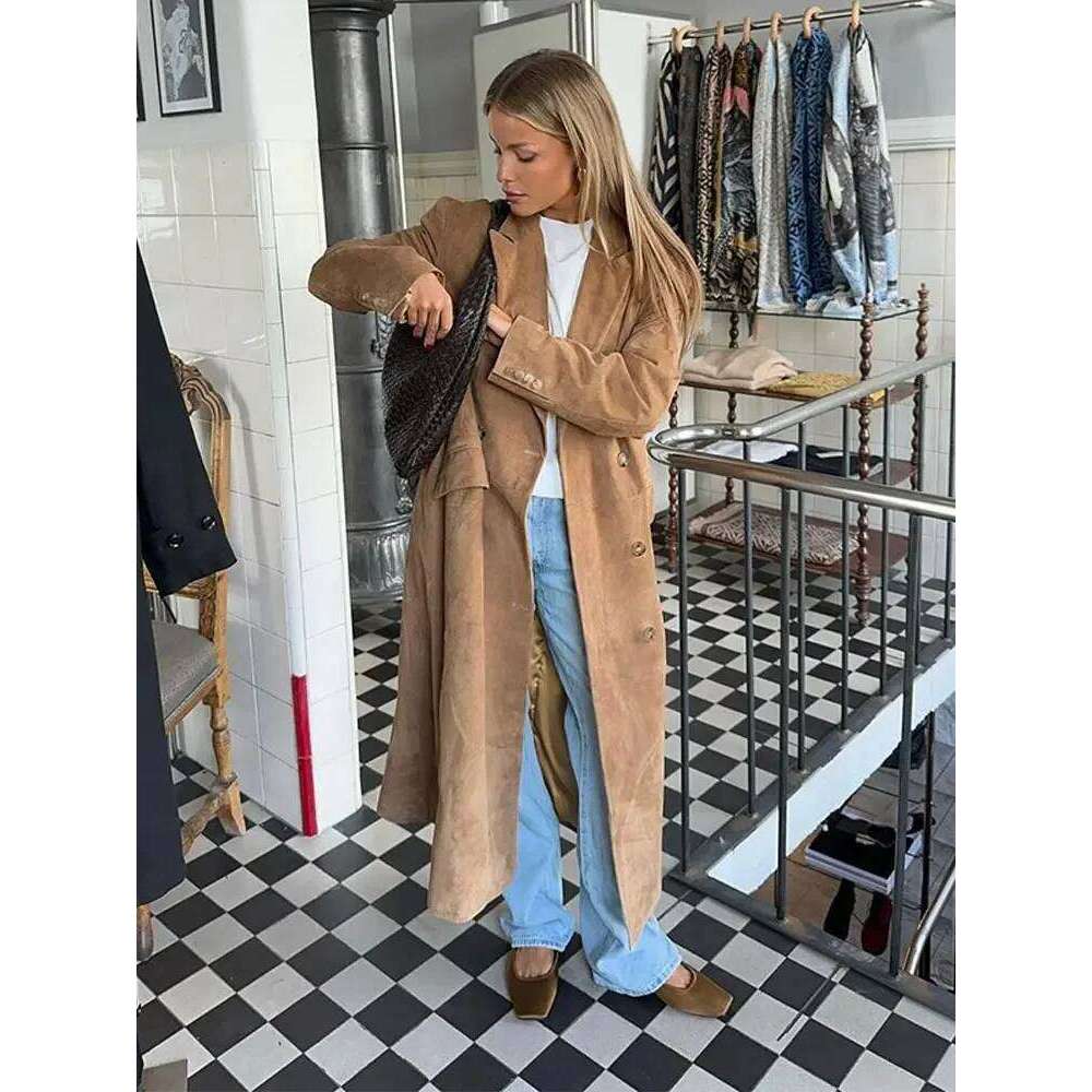 Designer Clothing Woman Khaki Lapel Long Coats Fashion Double Breasted Full Sleeve Jacket With Pocket 2024 Autumn Lady Commute Windbreaket Fashion