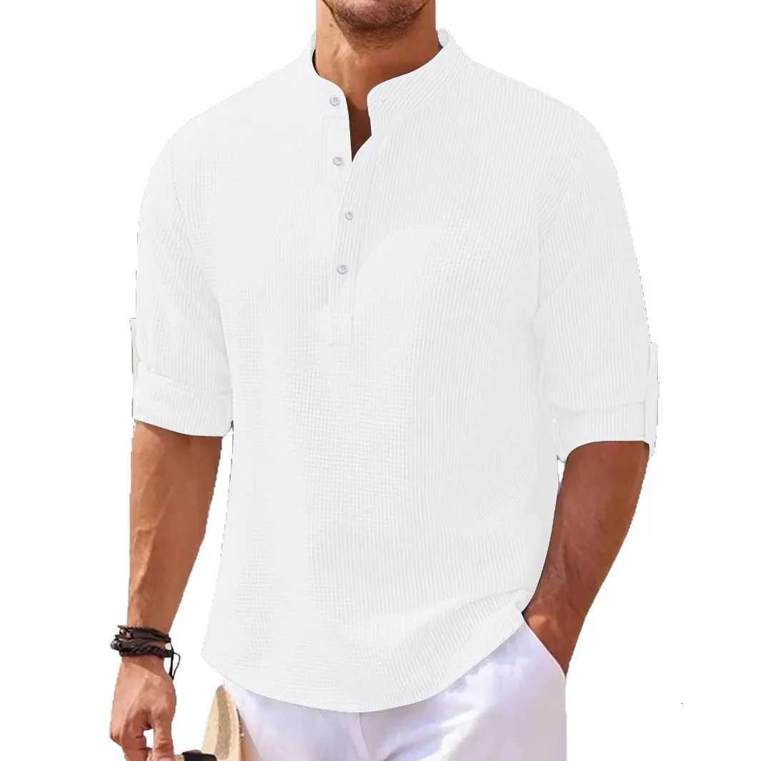 Summer Mens Medium Sleeve Polo Shirt Waffle Casual Loose Stand-Up Collar Button Polo Suit Mens XJ250725