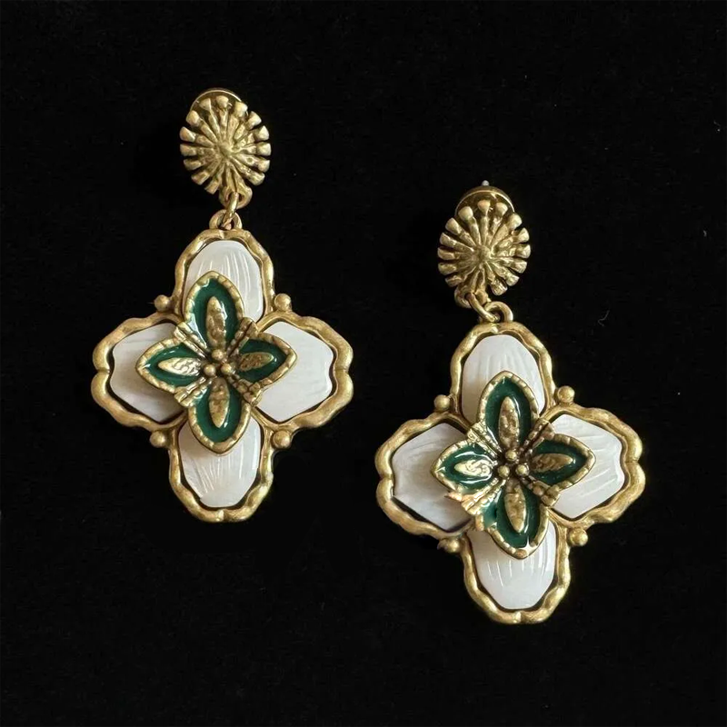 Vintage Pendant Designer Jewelry Green Flower Earrings