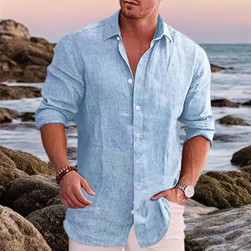 mens cotton linen autumn longsleeved shirt solid colour versatile casual resort style tops 250725