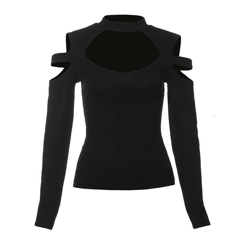2024 Women's Autumn and Winter New Solid Color Sexy Long Sleeve Round Neck Hollow Out Off Shoulder T-Shirt 877