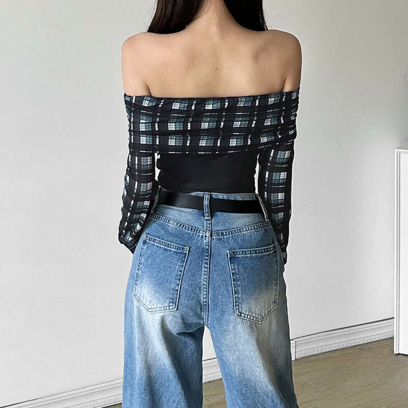 2024 Autumn New Women's Solid Color Slim Street Fashion Off-Shoulder Plaid Long Sleeve Top 546