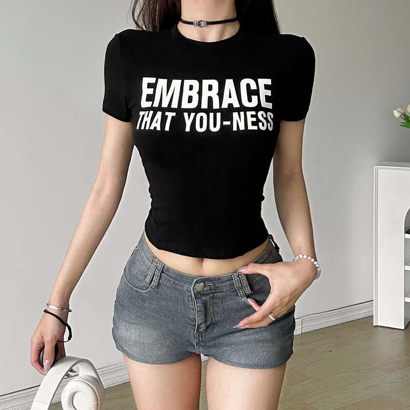 2024 Summer New Fashion Letter Print Crop Top T-Shirt and Solid Color Shorts Set caf