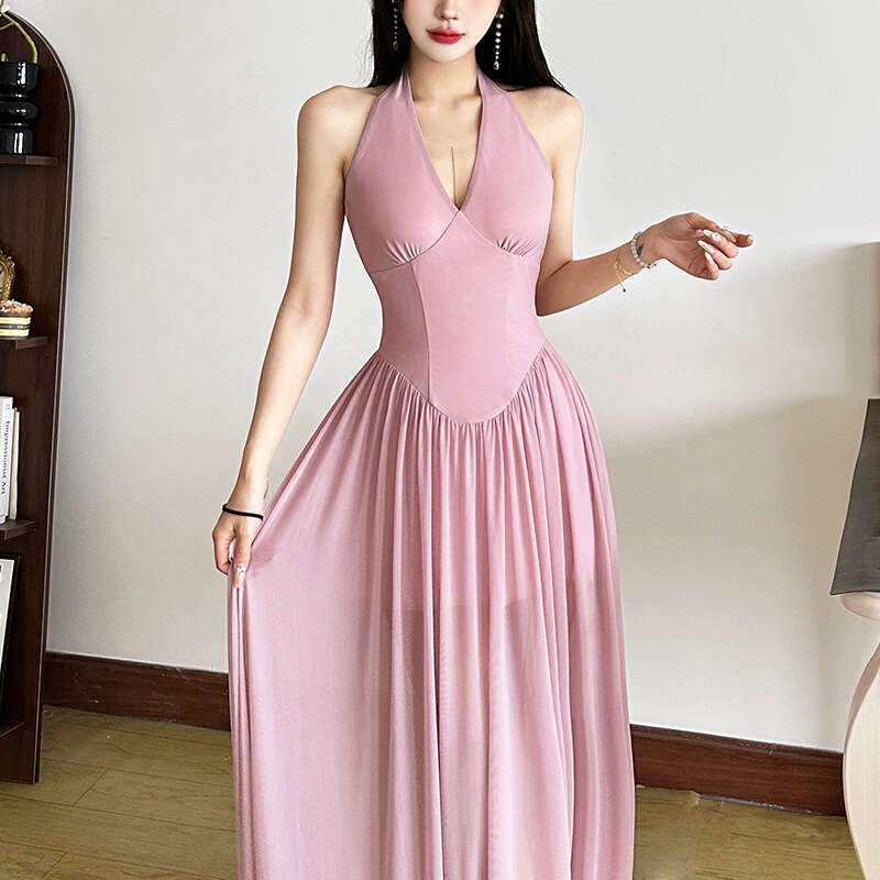 2025 Spring New Women's Solid Color Slim High Waist Fashion V-Neck Halter Sleeveless Dress 2b3