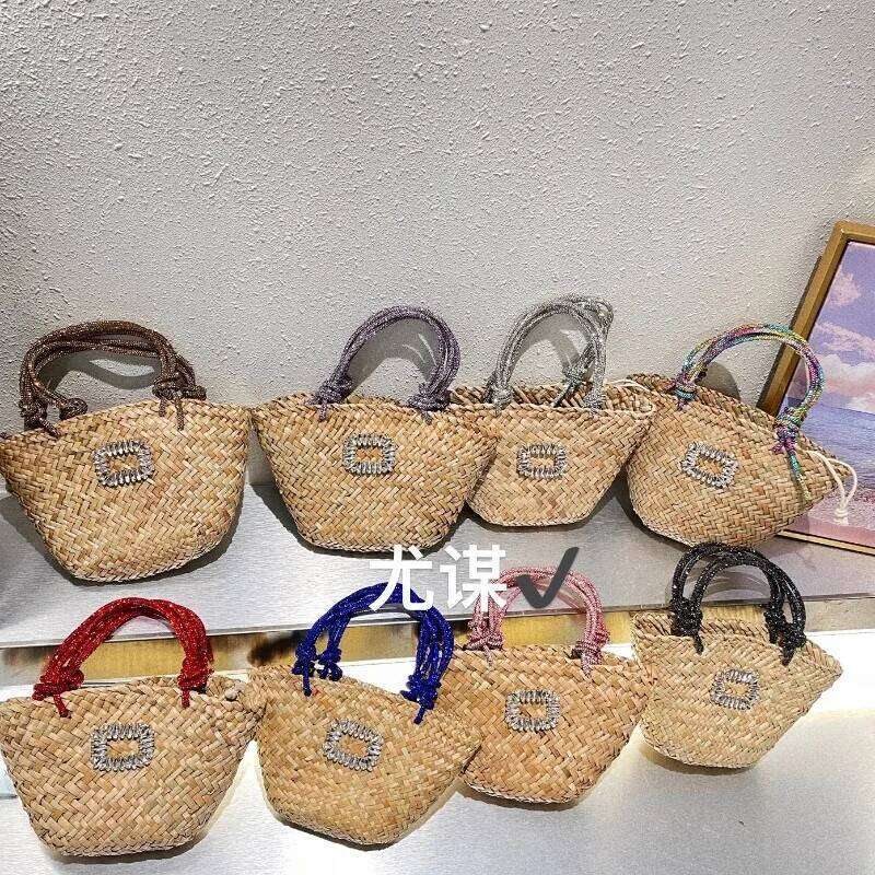 Summer Travel Vacation Handmade Woven Grass Beach Dia Shining Vegetable Basket Shopping Handheld Bag