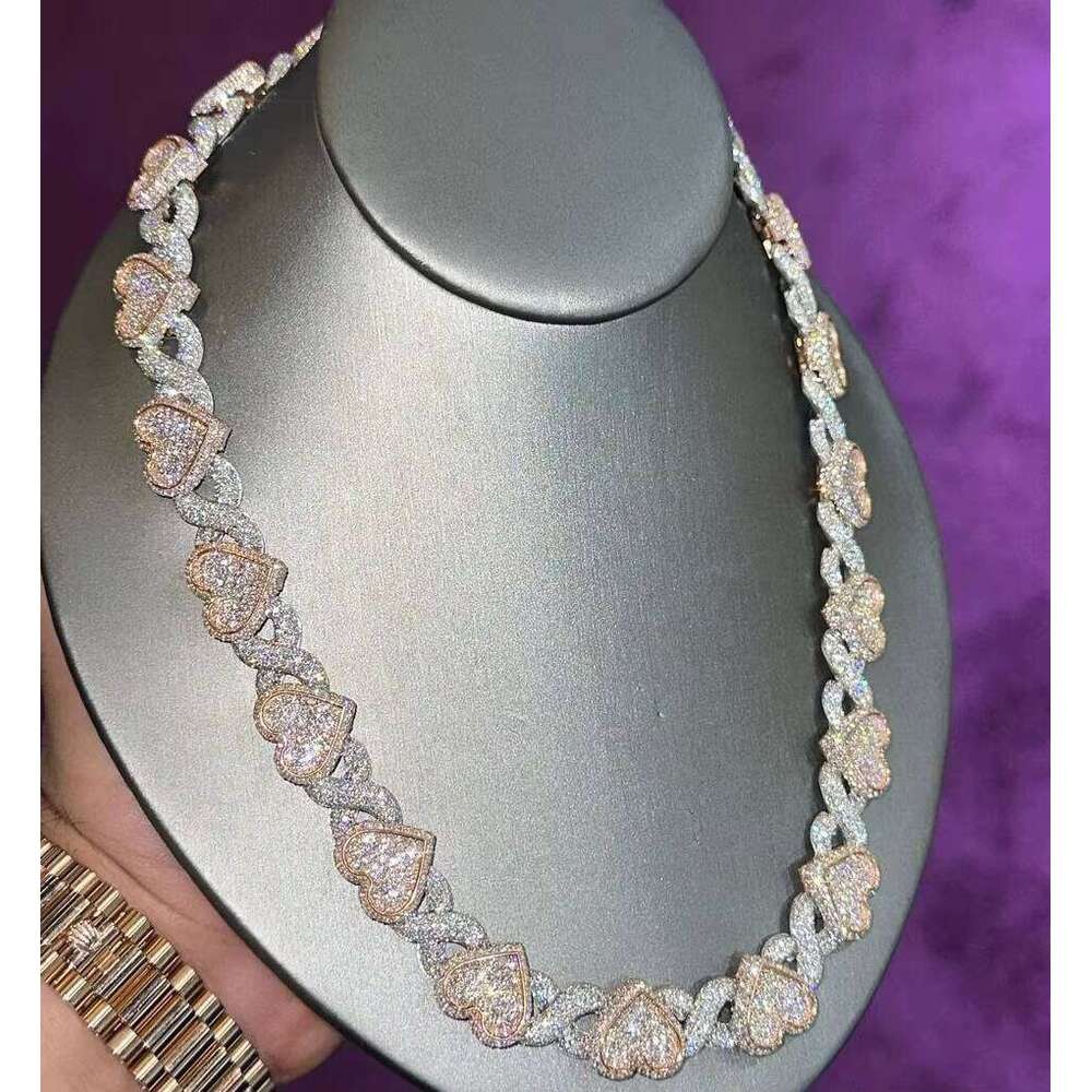 Custom Hip Hop Jewelry Necklace Heart Shape S Sterling VVS Moissanite Dia Cuban Link Chain