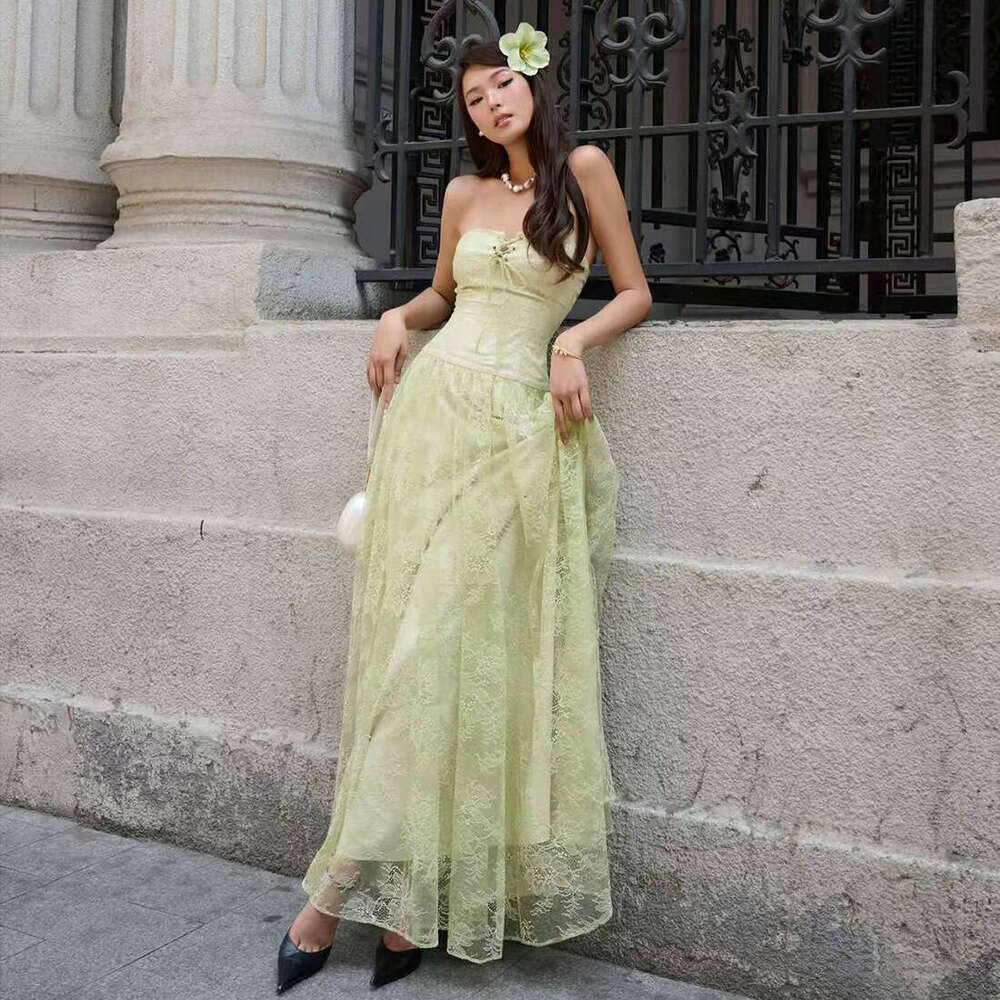 2025 Summer New Strapless Mid-Length Fresh Slim Fit Elegant Slimming Waist Mesh Dress for Women 10d