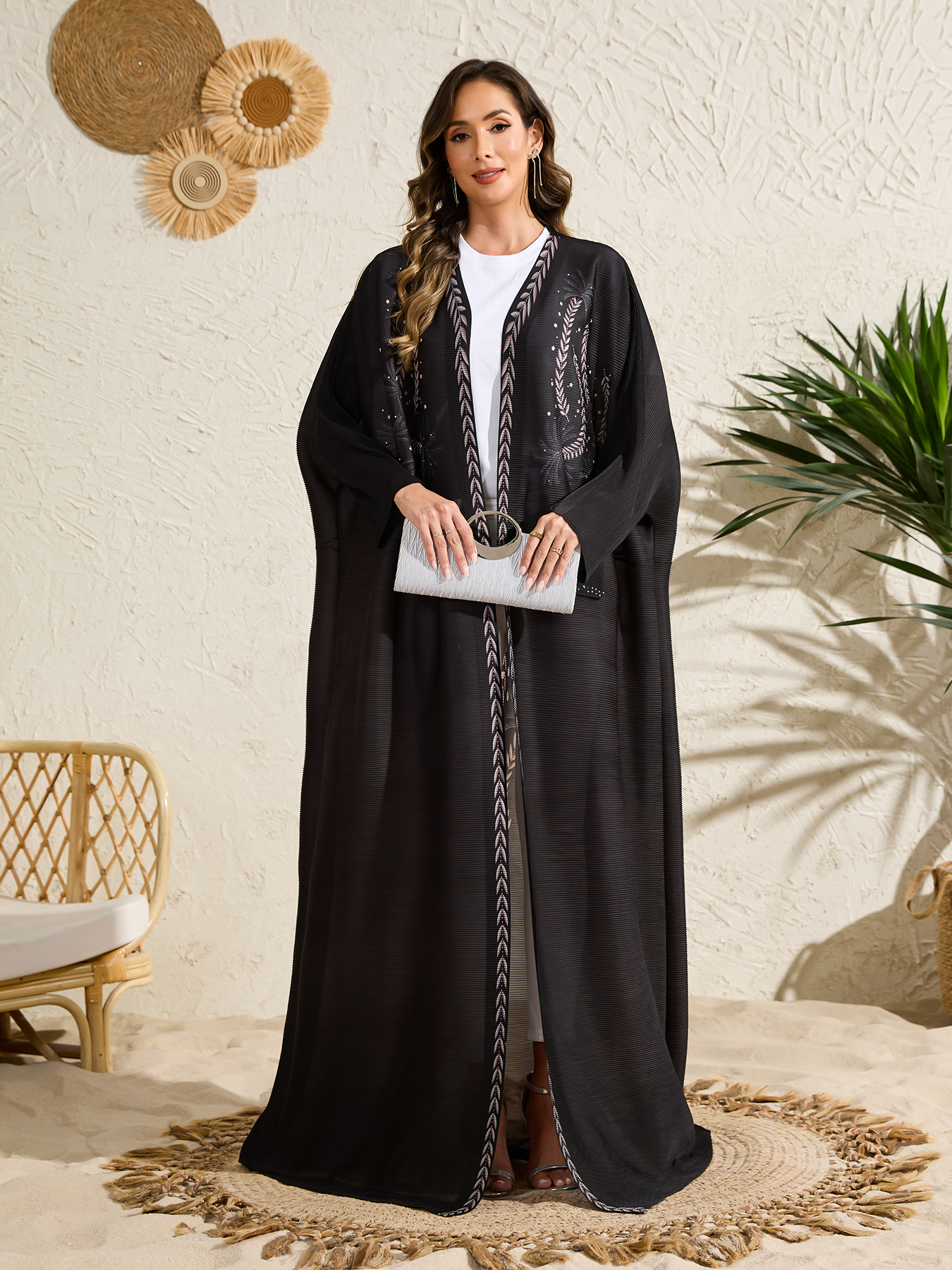 Long robe coat Ethnic Clothing The Middle Eastern printed pleated robe coat is elegant in Arab style NZ019