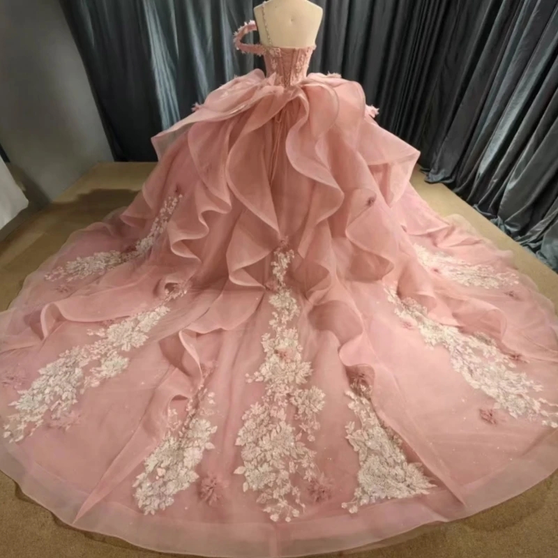 Pink Quinceanera Dresses Off Shoulder Ball Gown Sweet 16 Dress Applique Flower Beading Crystal Tull Birthday Party Vestidos 15 Anos